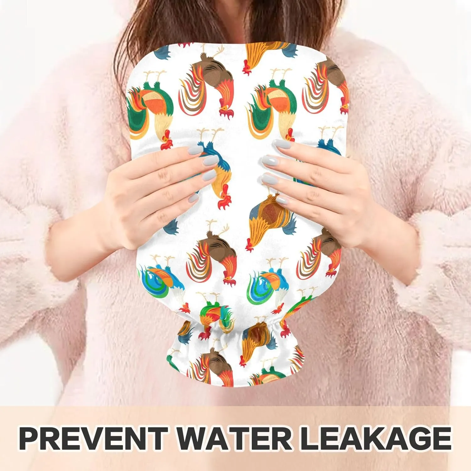 Colorful Roosters White Hot Water Bottle with Cover, 2 Liters Hot Water Bag for Neck, Shoulders and Legs Pain Relief, Menstrual Cramps, Hot and Cold Compress