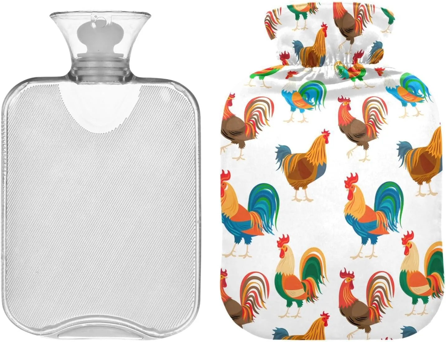 Colorful Roosters White Hot Water Bottle with Cover, 2 Liters Hot Water Bag for Neck, Shoulders and Legs Pain Relief, Menstrual Cramps, Hot and Cold Compress