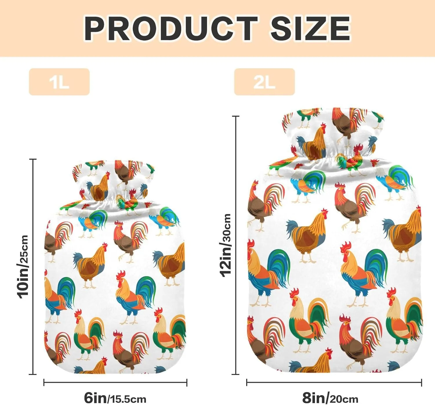 Colorful Roosters White Hot Water Bottle with Cover, 2 Liters Hot Water Bag for Neck, Shoulders and Legs Pain Relief, Menstrual Cramps, Hot and Cold Compress