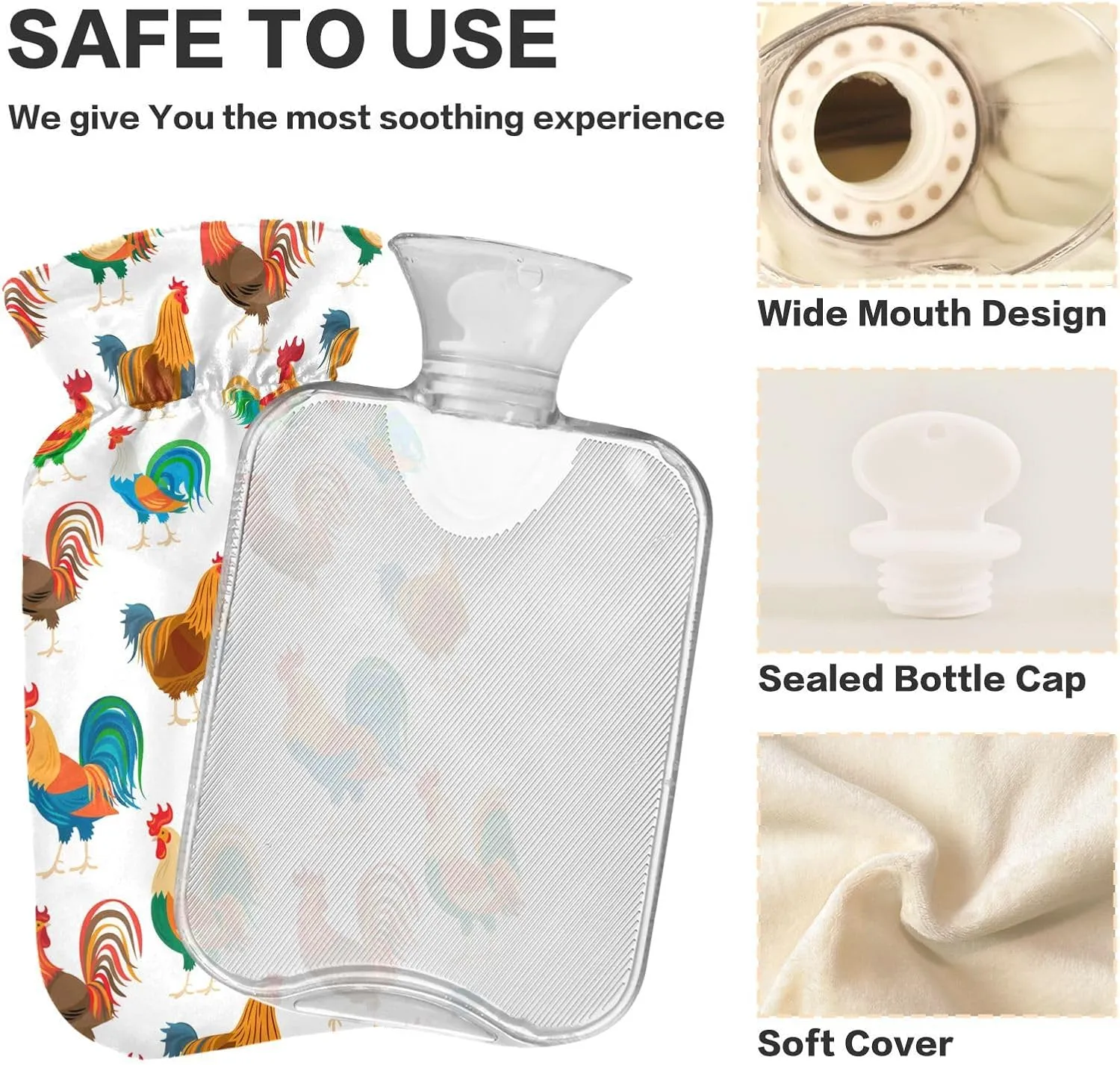 Colorful Roosters White Hot Water Bottle with Cover, 2 Liters Hot Water Bag for Neck, Shoulders and Legs Pain Relief, Menstrual Cramps, Hot and Cold Compress