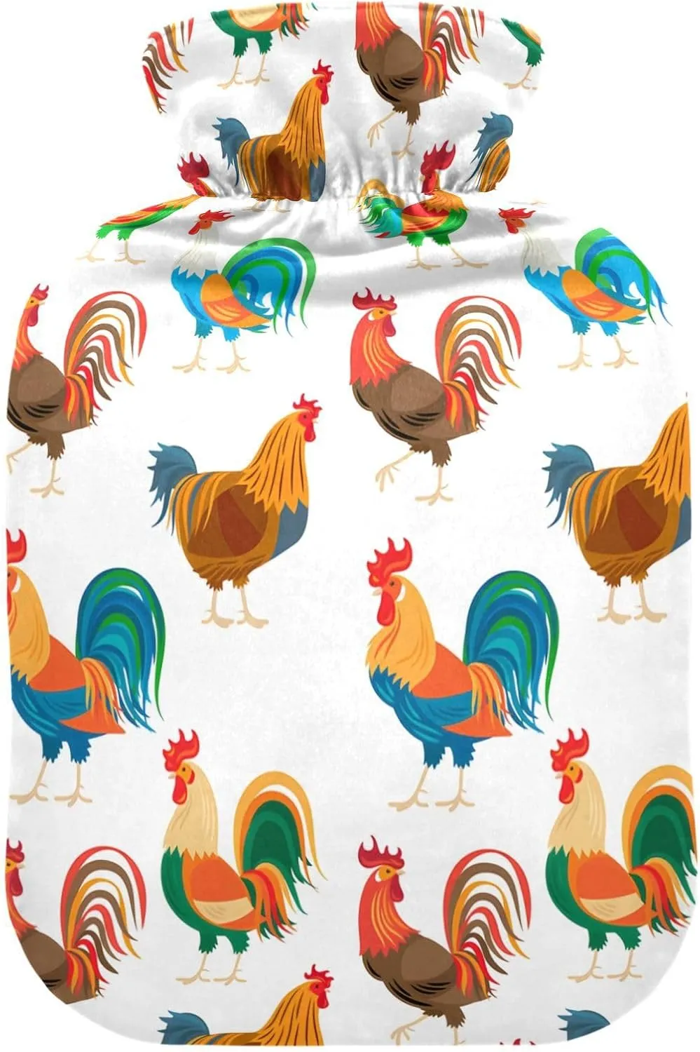 Colorful Roosters White Hot Water Bottle with Cover, 2 Liters Hot Water Bag for Neck, Shoulders and Legs Pain Relief, Menstrual Cramps, Hot and Cold Compress