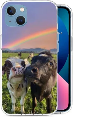 Compatible with iPhone 13 Case - Rainbow Cute Grassland Cow Boho Country Farm Phone Case Slim Soft TPU Shockproof Protective Cover Case