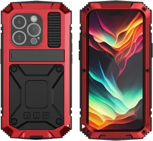 Compatible with iPhone 15 Metal Case with Screen Protector Camera Protector Military Rugged Heavy Duty Shockproof Case with Metal Kickstand Full Body Tough Dustproof Case (Red)