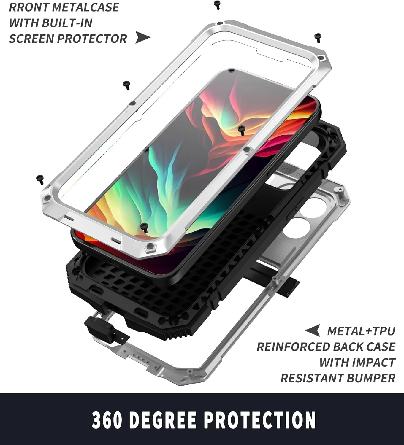 Compatible with iPhone 15 Metal Case with Screen Protector Camera Protector Military Rugged Heavy Duty Shockproof Case with Metal Kickstand Full Body Tough Dustproof Case (Sliver)