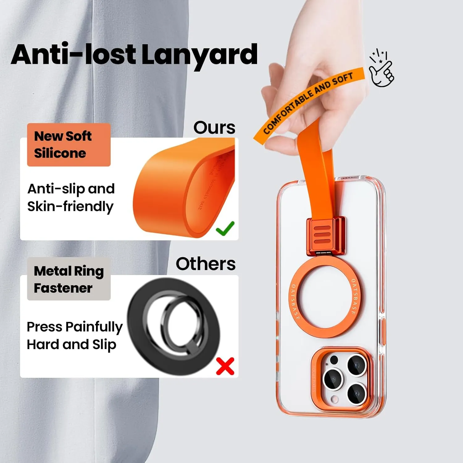 Compatible with Mag Safe for iPhone 15 Pro Max Case Clear Silicone with Ring Stand Lanyard, 15 Promax Case Magnetic Hard Protective Slim Thin Bumper Shockproof with Wrist Strap Women, Orange