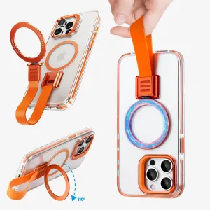 Compatible with Mag Safe for iPhone 15 Pro Max Case Clear Silicone with Ring Stand Lanyard, 15 Promax Case Magnetic Hard Protective Slim Thin Bumper Shockproof with Wrist Strap Women, Orange