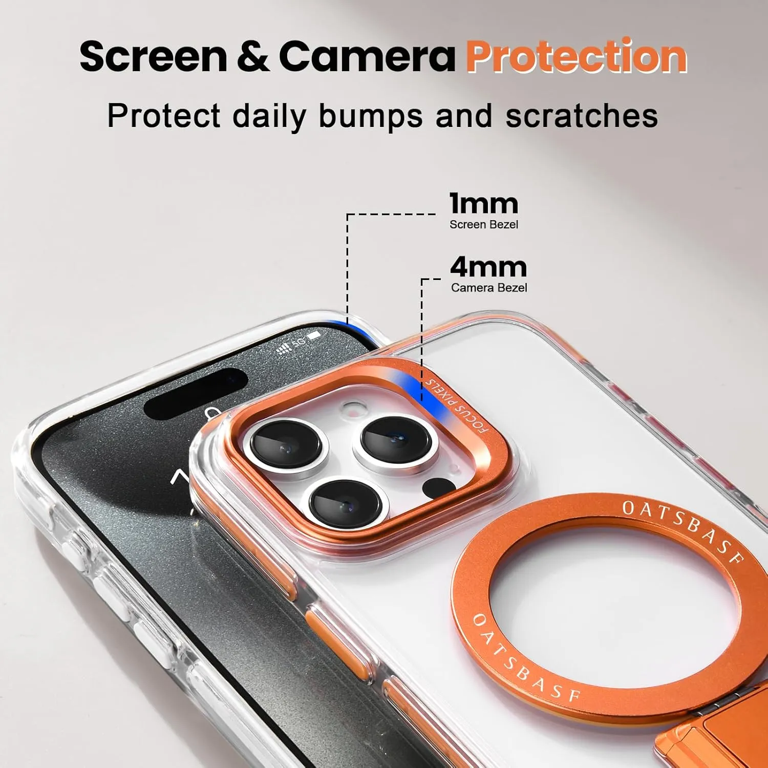 Compatible with Mag Safe for iPhone 15 Pro Max Case Clear Silicone with Ring Stand Lanyard, 15 Promax Case Magnetic Hard Protective Slim Thin Bumper Shockproof with Wrist Strap Women, Orange
