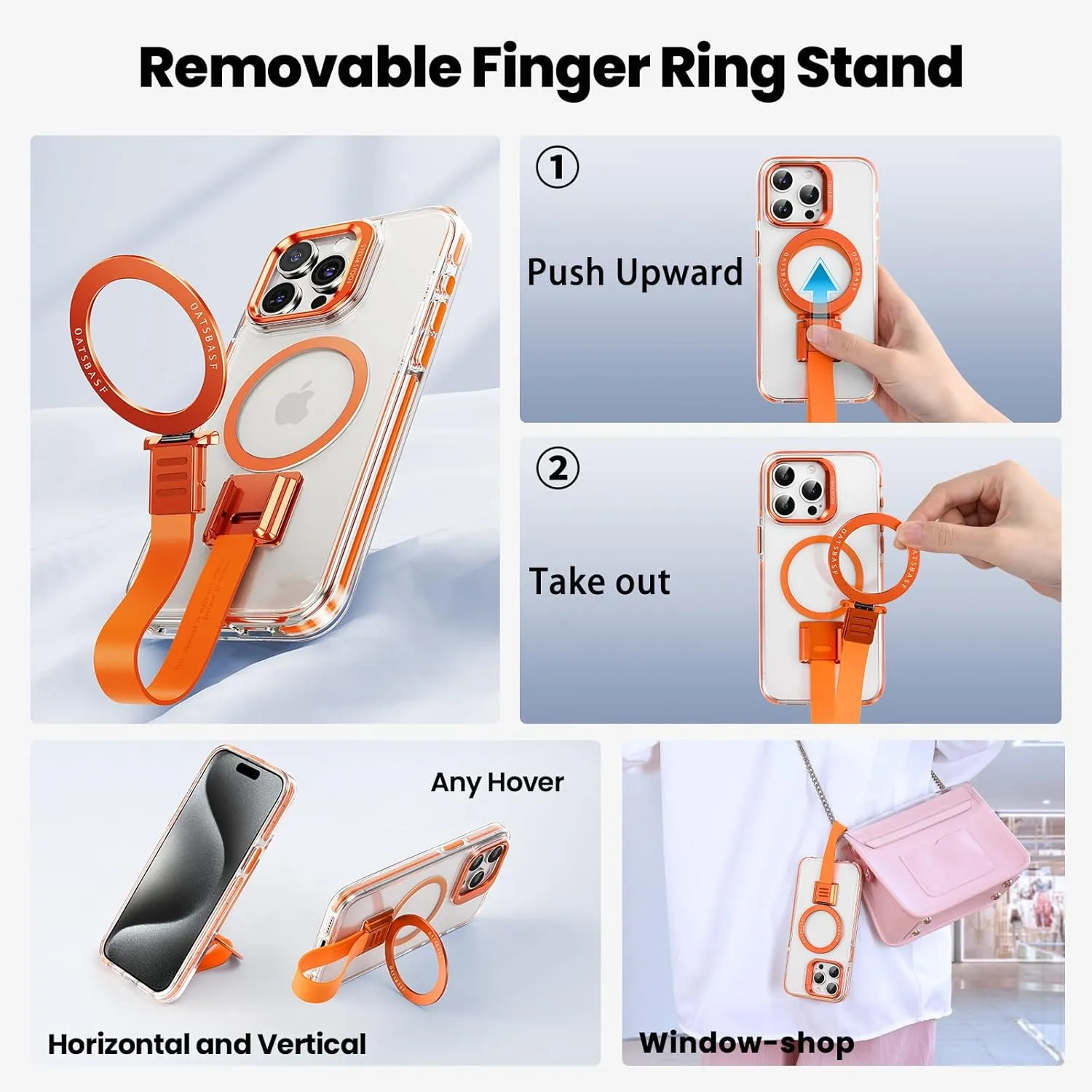 Compatible with Mag Safe for iPhone 15 Pro Max Case Clear Silicone with Ring Stand Lanyard, 15 Promax Case Magnetic Hard Protective Slim Thin Bumper Shockproof with Wrist Strap Women, Orange
