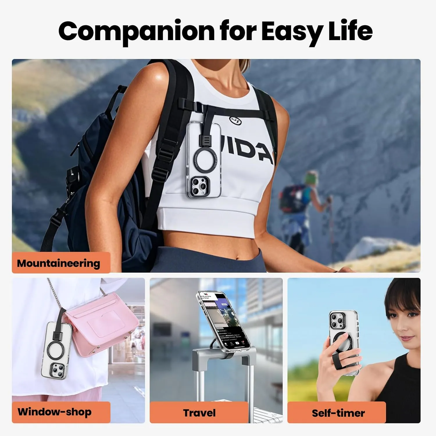 Compatible with Mag Safe for iPhone 15 Pro Max Case Clear Silicone with Ring Stand Lanyard, 15 Promax Case Magnetic Hard Protective Slim Thin Bumper Shockproof with Wrist Strap Women, Orange