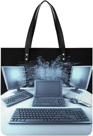 Computers And Internet Tote Bag Pu Leather Handbags for Women Shopping Shoulder Bags Travel Hobo Bags Slouchy Tote Big Capacity Cross Body Handbags Laptop Briefcases