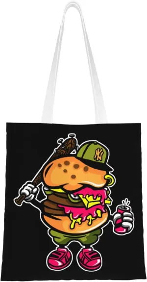 Cool Burger Tote Bag for Women Canvas Shopping Bags Reusable Large Capacity Casual Shoulder Handbags Grocery Bags DIY Gift Bags