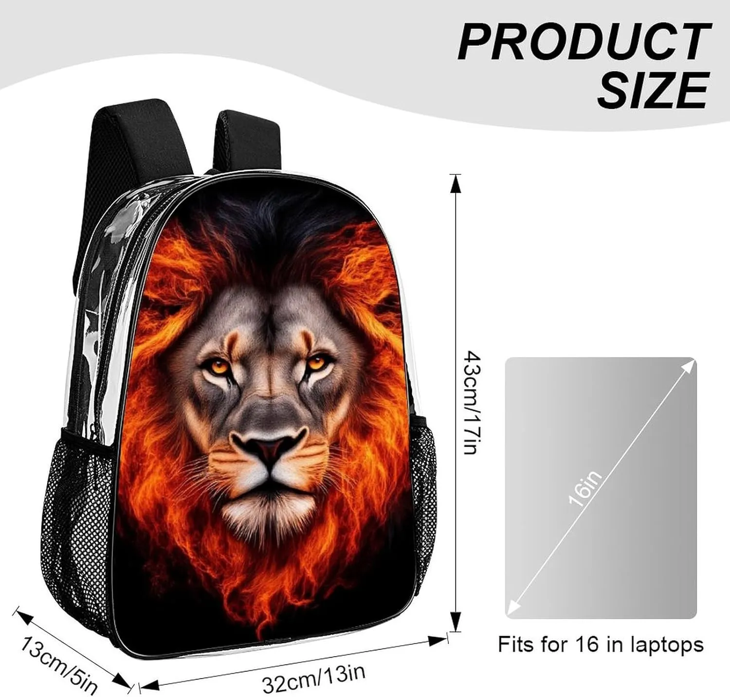 Cool Flaming Lion Fire Art Daypack Backpack Transparent Anti-Theft Multipurpose Bookbag Big Capacity Travel Hiking & Camping Rucksack With Smooth Zippers