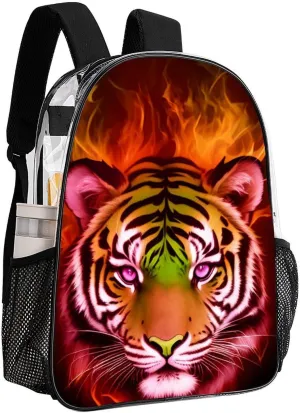 Cool Tiger Head Fire Surreal Style Art Rucksacks Lightweight Multipurpose Anti-Theft Shoulder Bag Big Capacity Laptop Book Bag Rucksack Transparent Bag