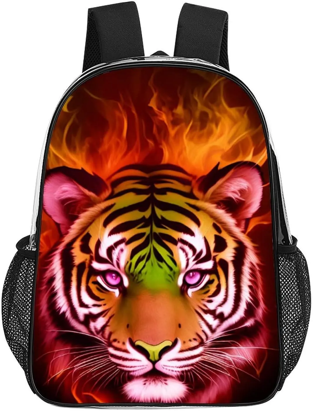 Cool Tiger Head Fire Surreal Style Art Rucksacks Lightweight Multipurpose Anti-Theft Shoulder Bag Big Capacity Laptop Book Bag Rucksack Transparent Bag