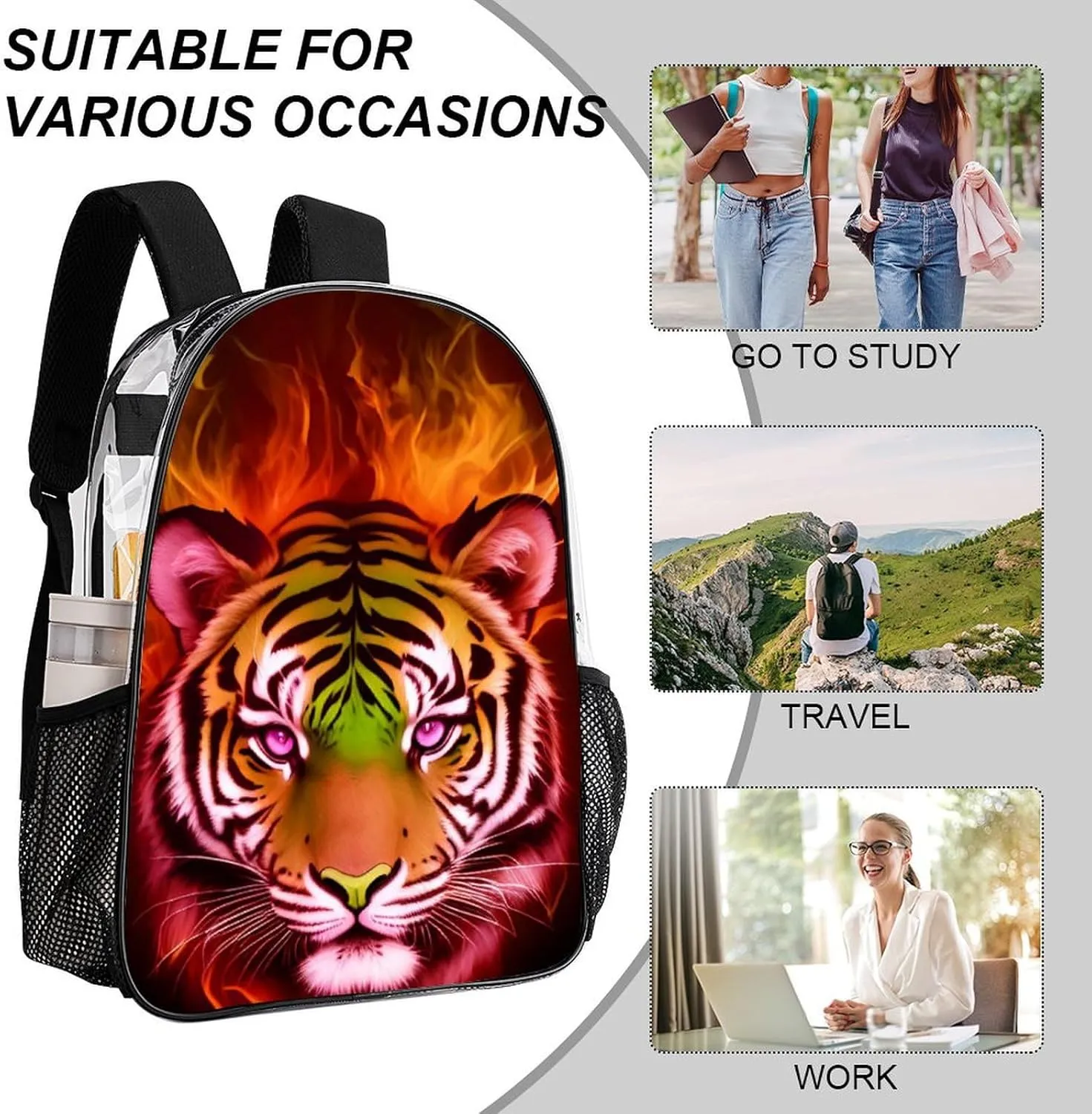Cool Tiger Head Fire Surreal Style Art Rucksacks Lightweight Multipurpose Anti-Theft Shoulder Bag Big Capacity Laptop Book Bag Rucksack Transparent Bag