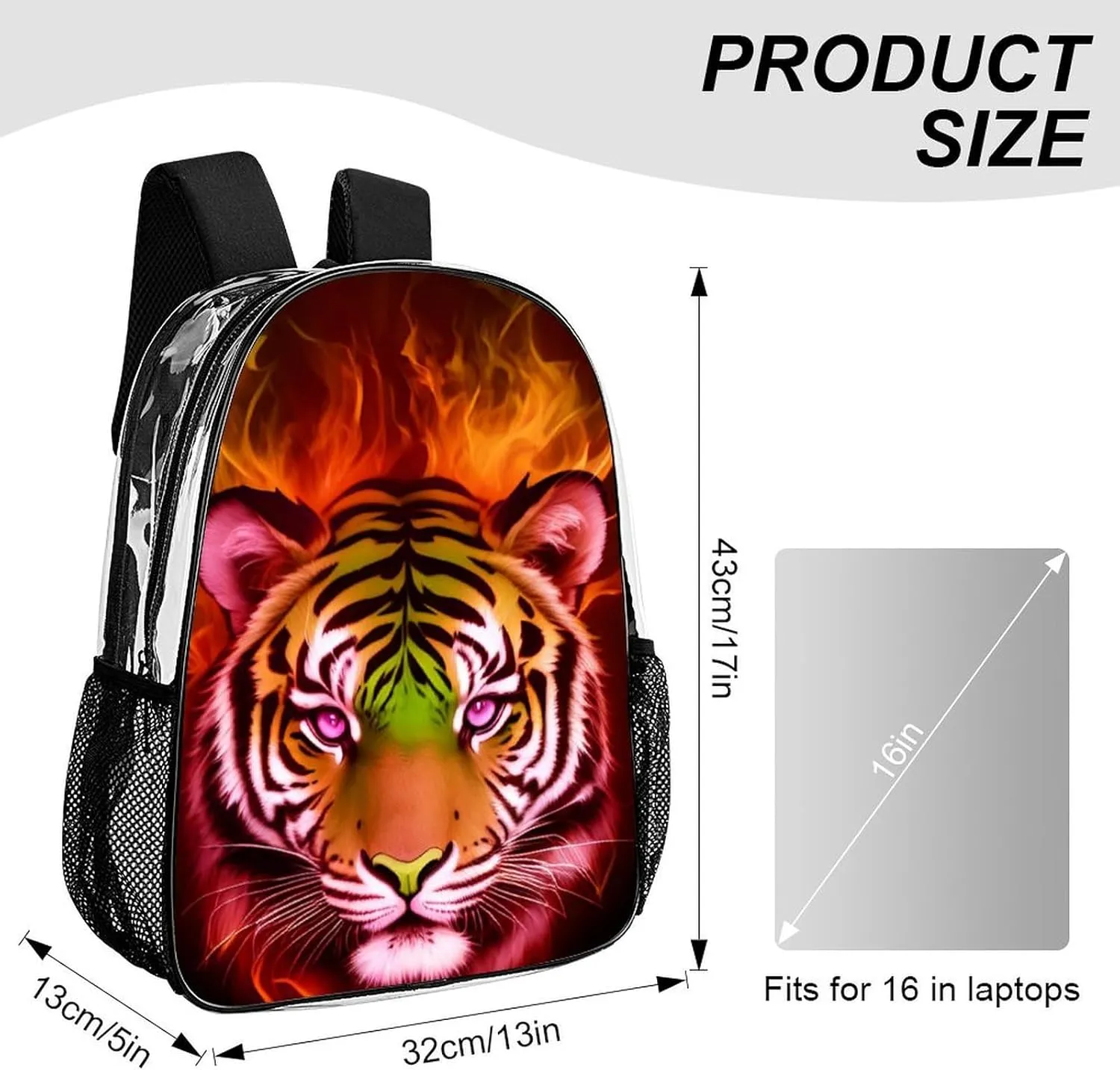 Cool Tiger Head Fire Surreal Style Art Rucksacks Lightweight Multipurpose Anti-Theft Shoulder Bag Big Capacity Laptop Book Bag Rucksack Transparent Bag