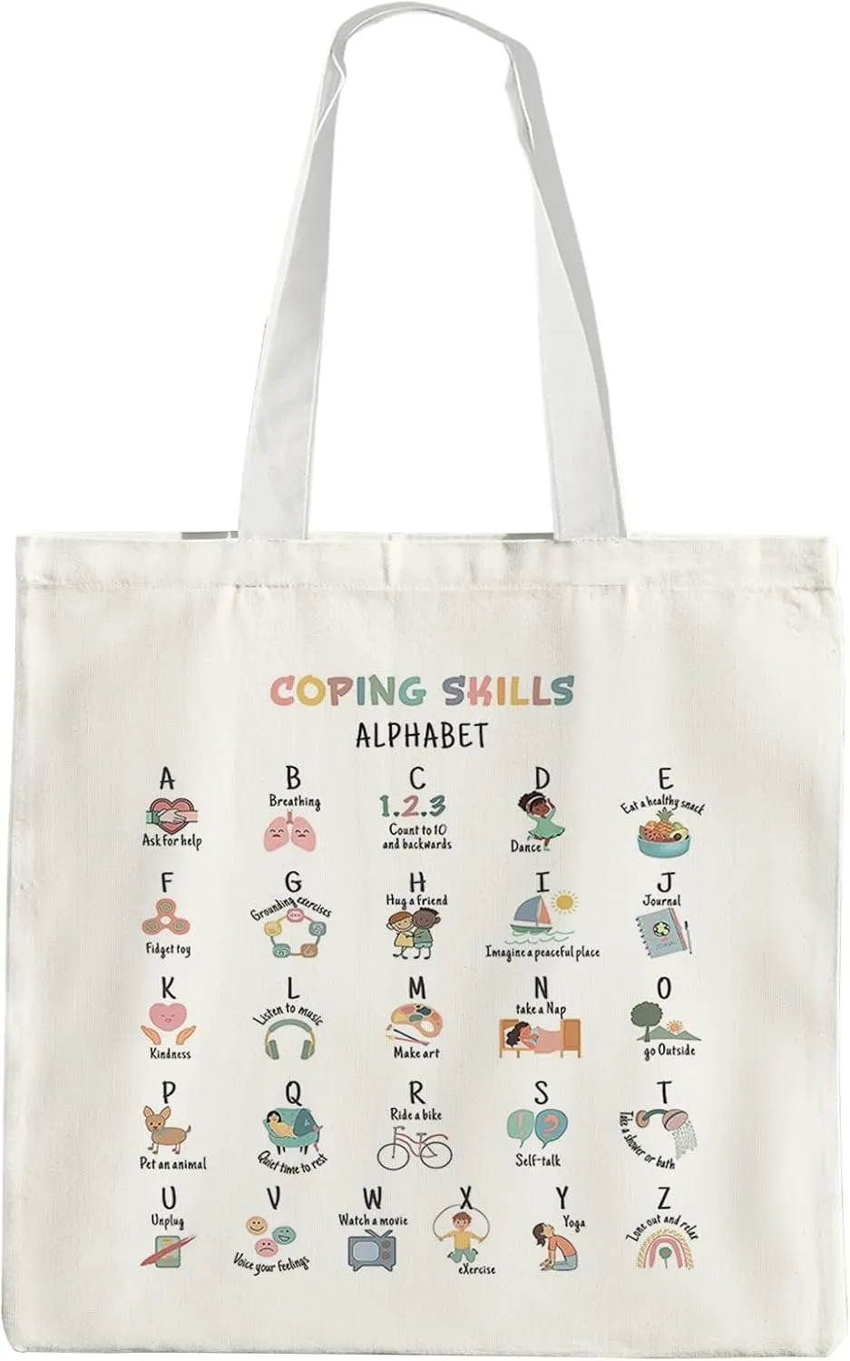 Coping Skills Alphebat Canvas Tote Bag,Mental Health Reusable Shoulder Bag, Mental Health Gifts, Psychologist Gifts, Gifts for Women Kids, White, 004-ZL-TTB-01