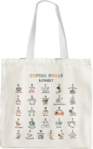 Coping Skills Alphebat Canvas Tote Bag,Mental Health Reusable Shoulder Bag, Mental Health Gifts, Psychologist Gifts, Gifts for Women Kids, White, 004-ZL-TTB-01