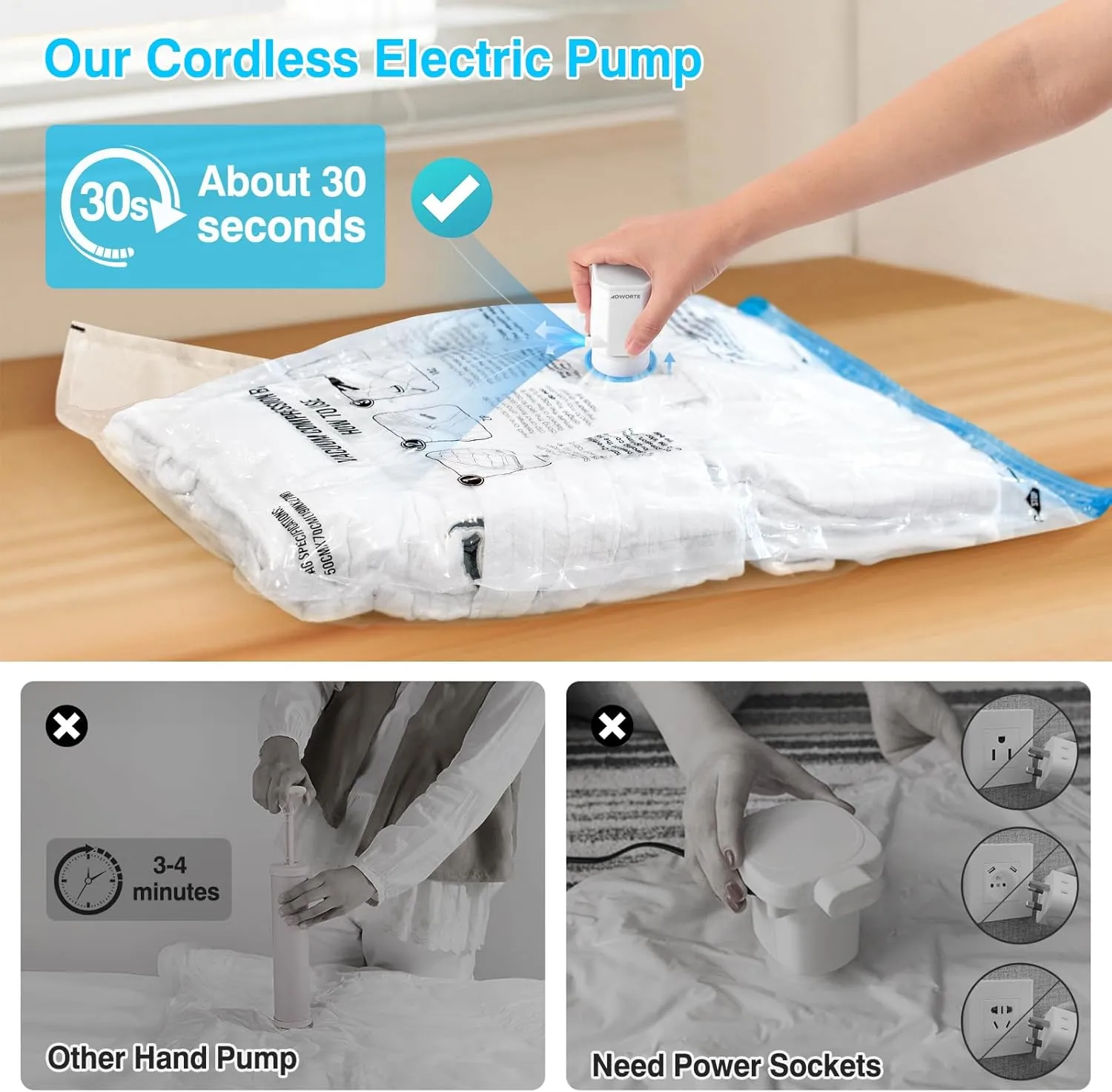 Cordless Electric Pump for Vacuum Storage Bags Travel Air Pump for Various Space Saver Bags Portable Rechargable Seal Bag Pump for Compression Clothes, Blanket, Luggage (White)
