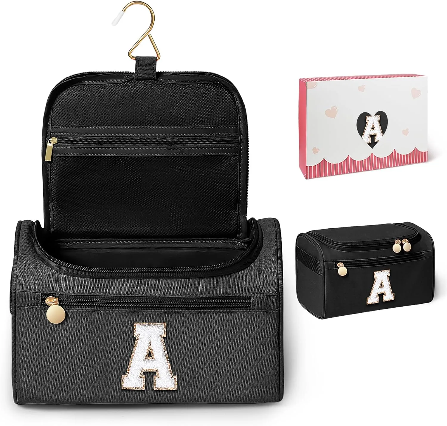 COSHAYSOO Hanging Travel Toiletry Bag for Women Toiletries Makeup Personalized Traveling Size Summer Vacation Essentials Monogrammed New Mom Mother to be Gifts 25th 30th Birthday Gift for Her Black A