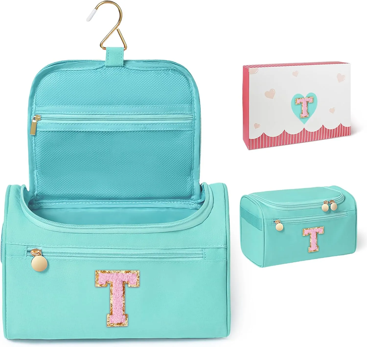 COSHAYSOO Initial Toiletries Bag Water Resistant Travel Gifts for Women Teal Blue Letter T
