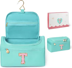 COSHAYSOO Initial Toiletries Bag Water Resistant Travel Gifts for Women Teal Blue Letter T