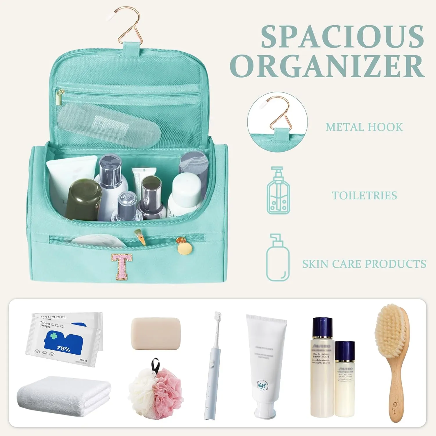 COSHAYSOO Initial Toiletries Bag Water Resistant Travel Gifts for Women Teal Blue Letter T