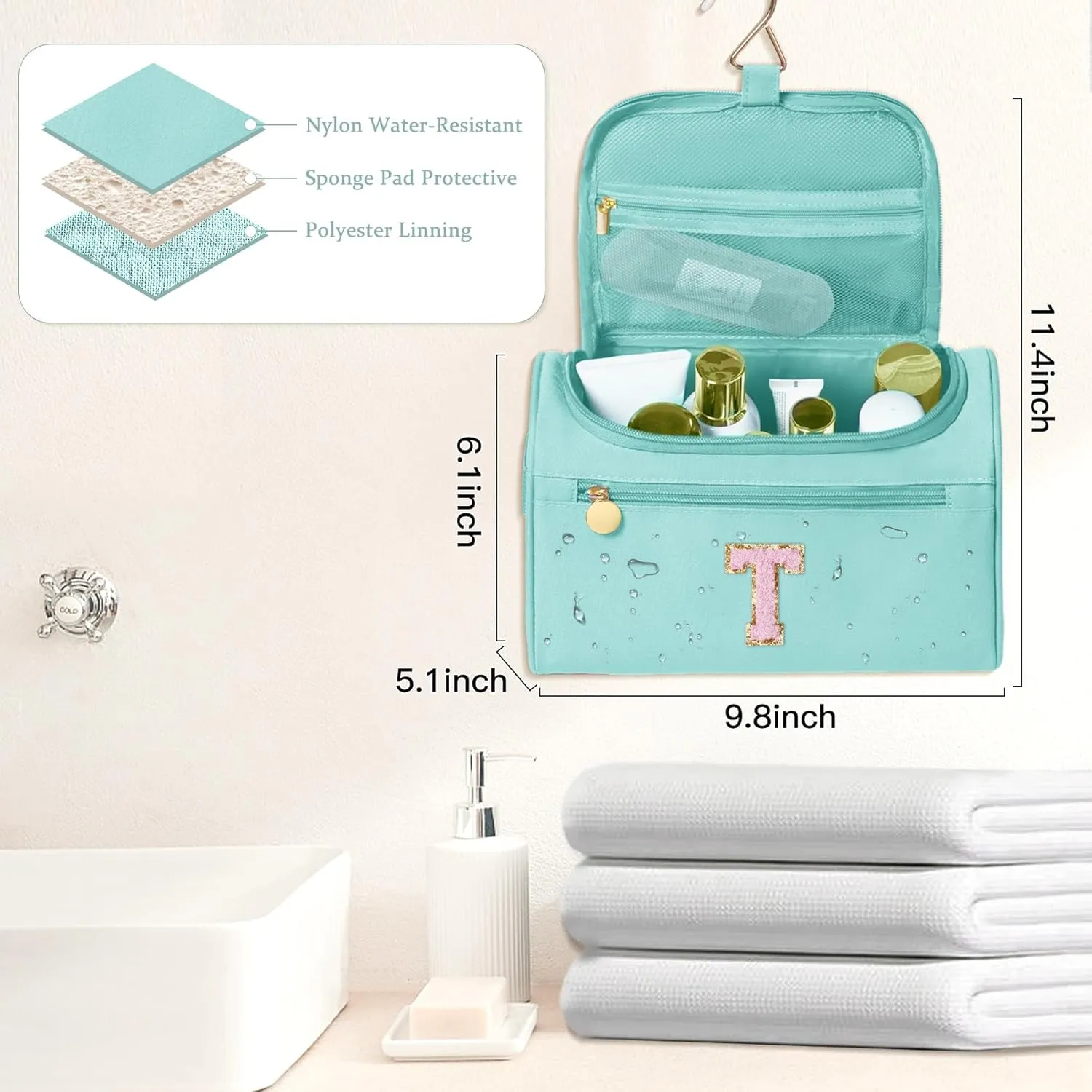 COSHAYSOO Initial Toiletries Bag Water Resistant Travel Gifts for Women Teal Blue Letter T