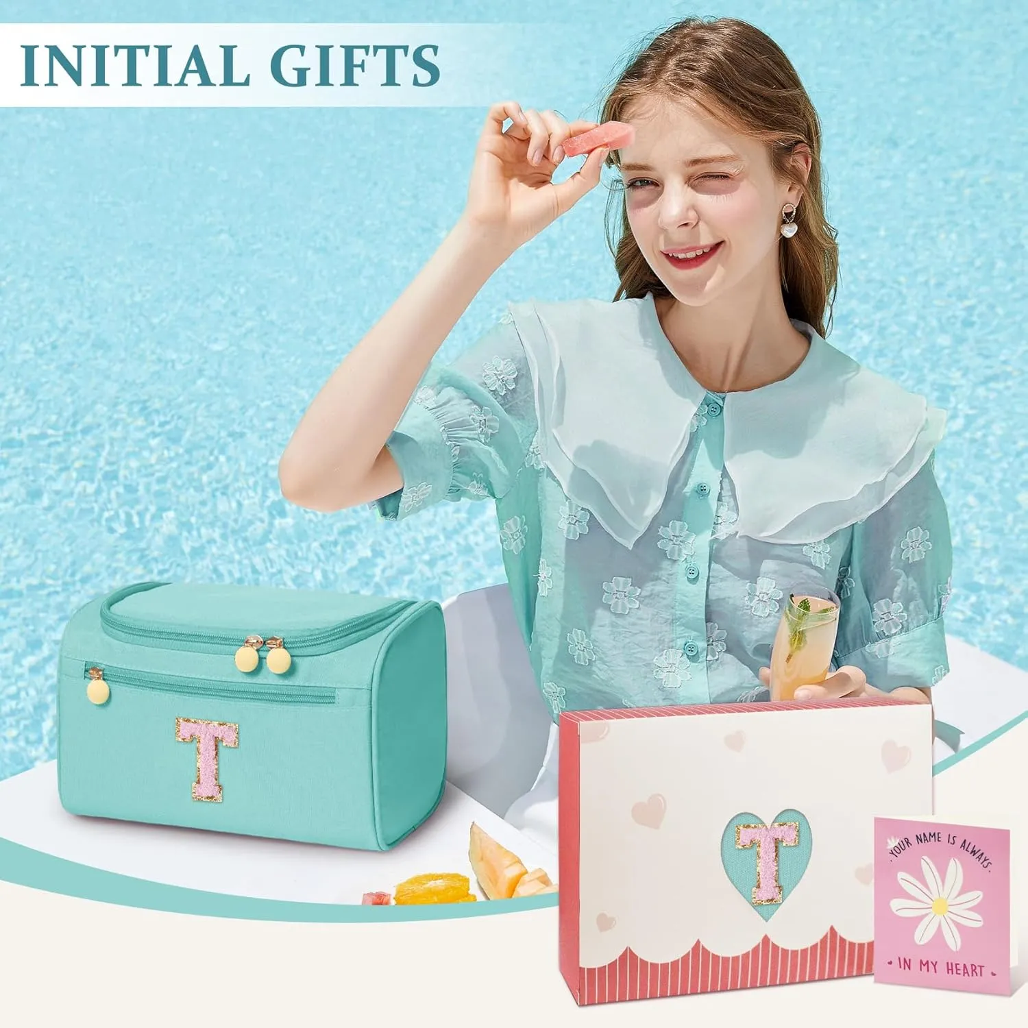 COSHAYSOO Initial Toiletries Bag Water Resistant Travel Gifts for Women Teal Blue Letter T