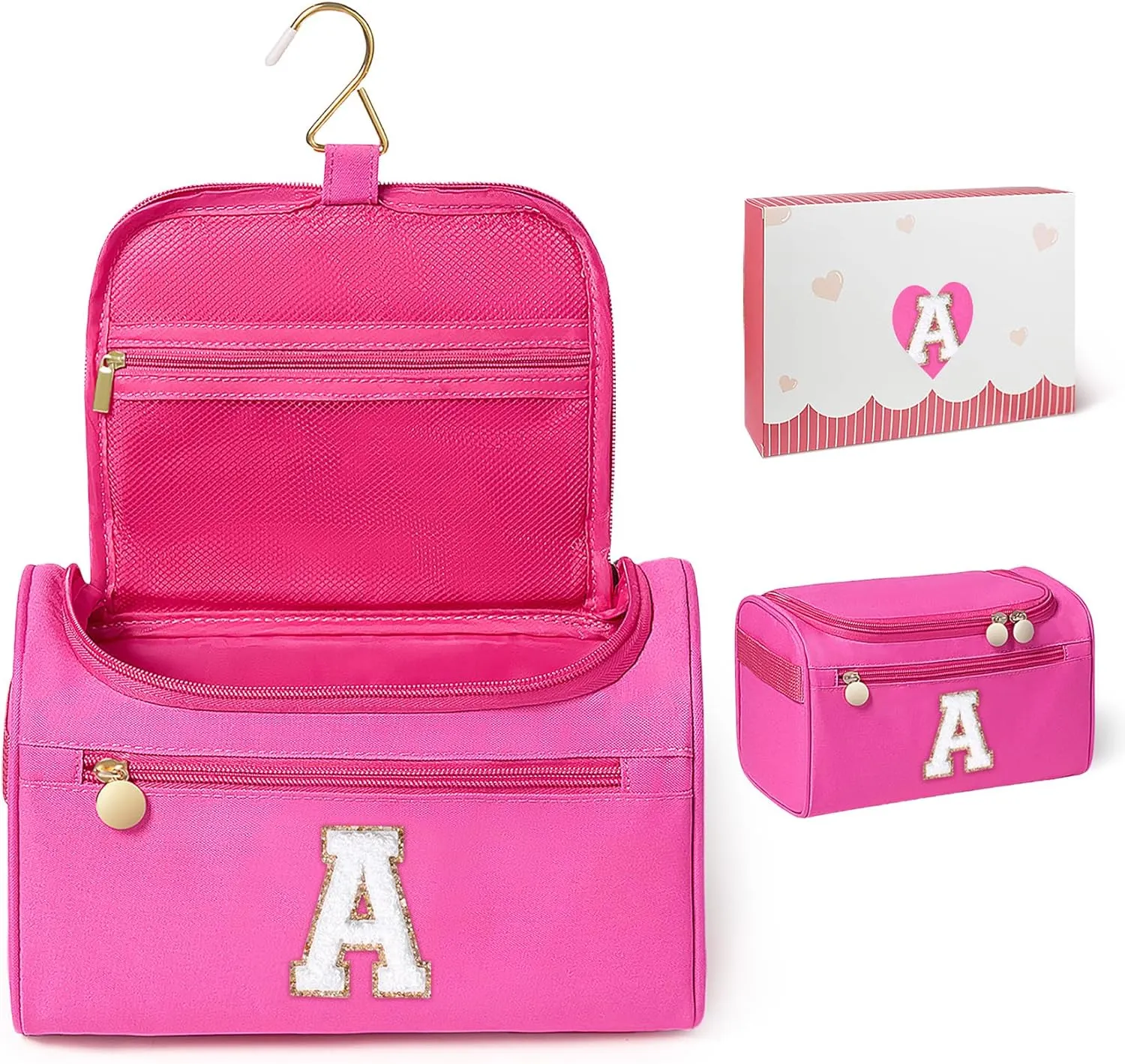 COSHAYSOO Personalized Hanging Travel Toiletry Bag Graduation Birthday Gifts for 13 14 15 16 17 18th 19 20 21st Year Old College Teen Girls Dorm Essentials Trip Favors Stuff Hot Pink Initial Letter A
