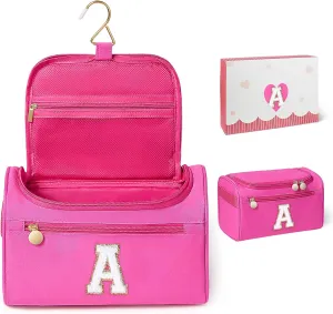COSHAYSOO Personalized Hanging Travel Toiletry Bag Graduation Birthday Gifts for 13 14 15 16 17 18th 19 20 21st Year Old College Teen Girls Dorm Essentials Trip Favors Stuff Hot Pink Initial Letter A