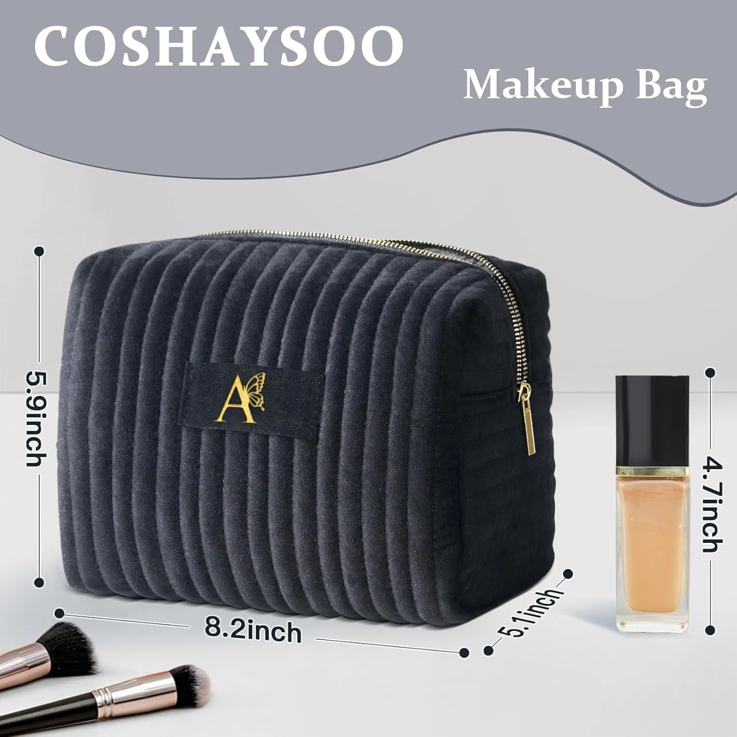 COSHAYSOO Personalized Mothers Day Birthday Retirement Gifts for Women Unique Travel Makeup Bag Quilted Make Up Cosmetic Pouch Woman Friend Gift Beauty Accessories Organizer Black Initial Letter A