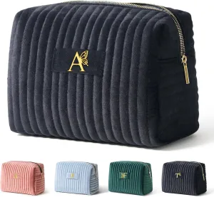 COSHAYSOO Personalized Mothers Day Birthday Retirement Gifts for Women Unique Travel Makeup Bag Quilted Make Up Cosmetic Pouch Woman Friend Gift Beauty Accessories Organizer Black Initial Letter A