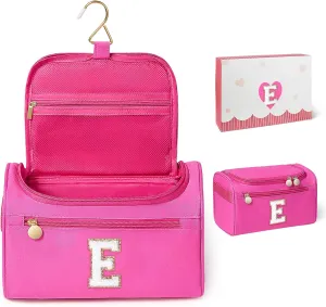 COSHAYSOO Practical Birthday Gifts for Woman Friend Sister Bestie 16 17 18 19 20 21 25 30 Year old, Initial Hanging Toiletry Bag Waterproof for Women Travel Skin Care Toiletries Hot Pink Letter E