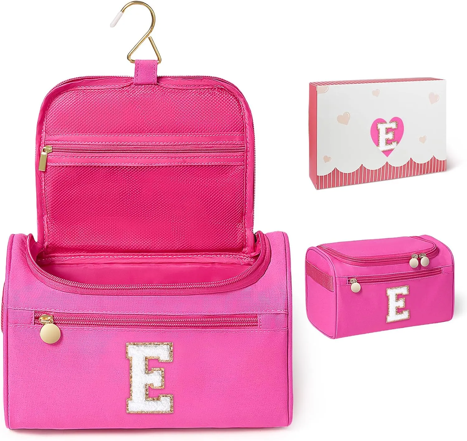 COSHAYSOO Practical Birthday Gifts for Woman Friend Sister Bestie 16 17 18 19 20 21 25 30 Year old, Initial Hanging Toiletry Bag Waterproof for Women Travel Skin Care Toiletries Hot Pink Letter E