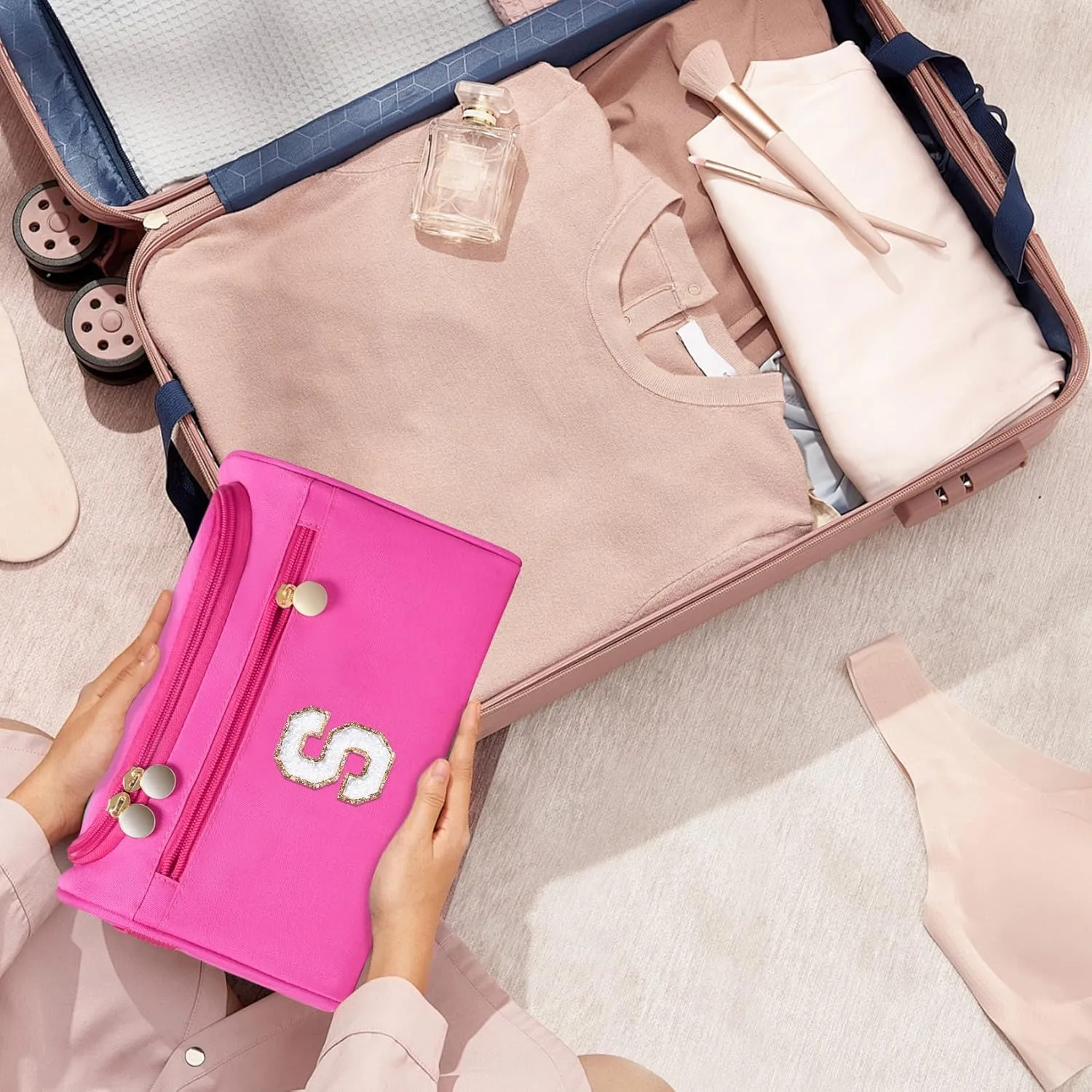 COSHAYSOO Practical Birthday Gifts for Woman Friend Sister Bestie 16 17 18 19 20 21 25 30 Year old, Initial Hanging Toiletry Bag Waterproof for Women Travel Skin Care Toiletries Hot Pink Letter E