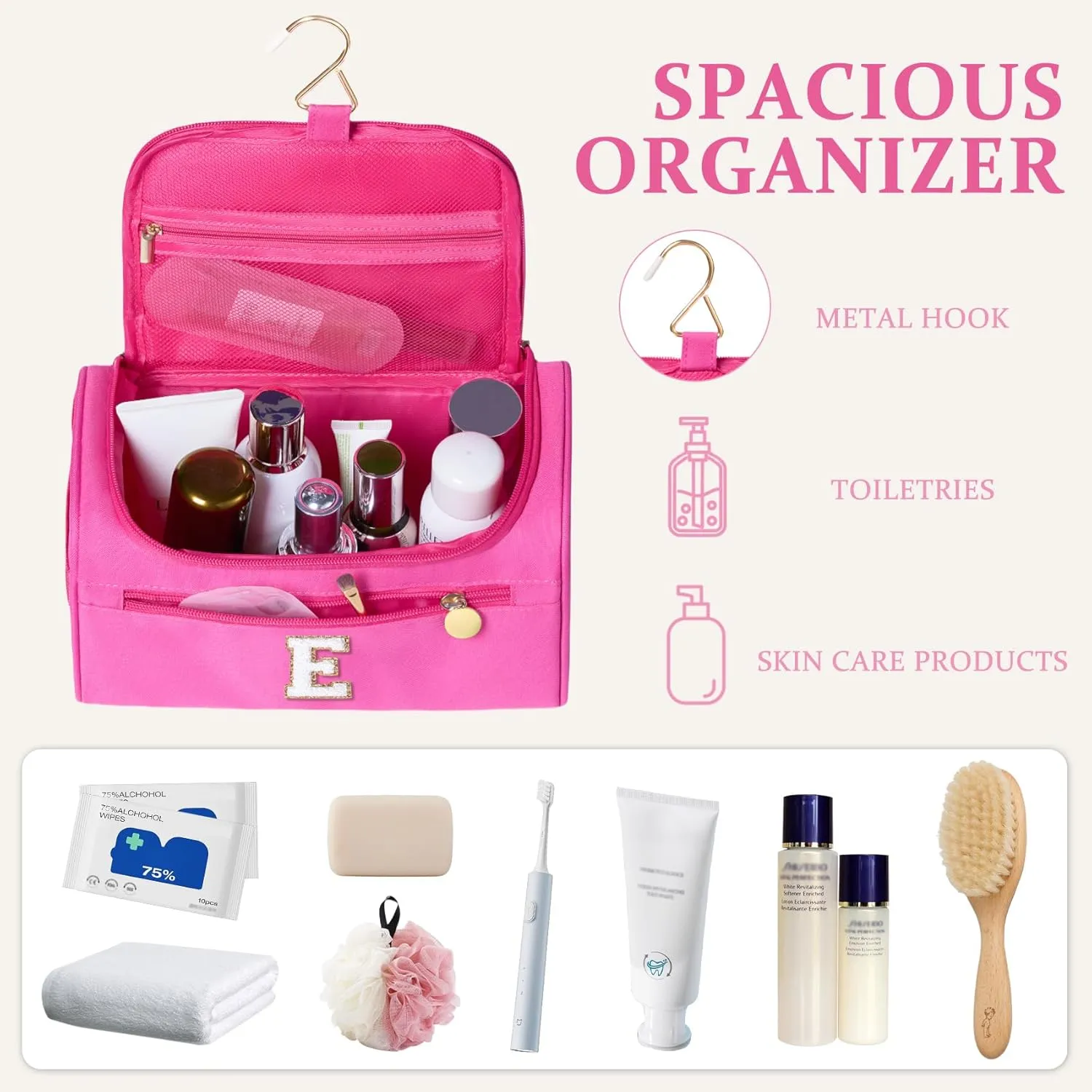 COSHAYSOO Practical Birthday Gifts for Woman Friend Sister Bestie 16 17 18 19 20 21 25 30 Year old, Initial Hanging Toiletry Bag Waterproof for Women Travel Skin Care Toiletries Hot Pink Letter E