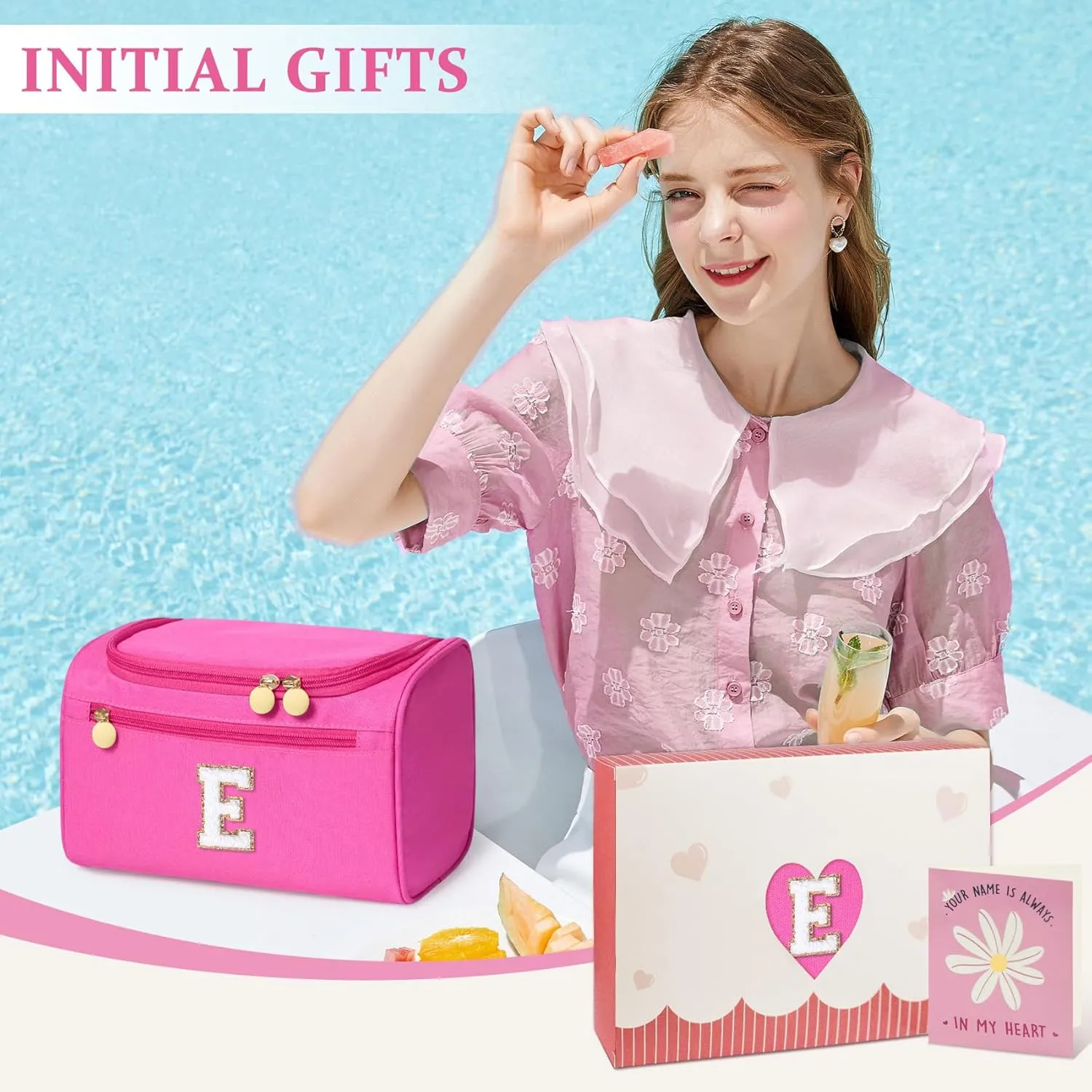 COSHAYSOO Practical Birthday Gifts for Woman Friend Sister Bestie 16 17 18 19 20 21 25 30 Year old, Initial Hanging Toiletry Bag Waterproof for Women Travel Skin Care Toiletries Hot Pink Letter E