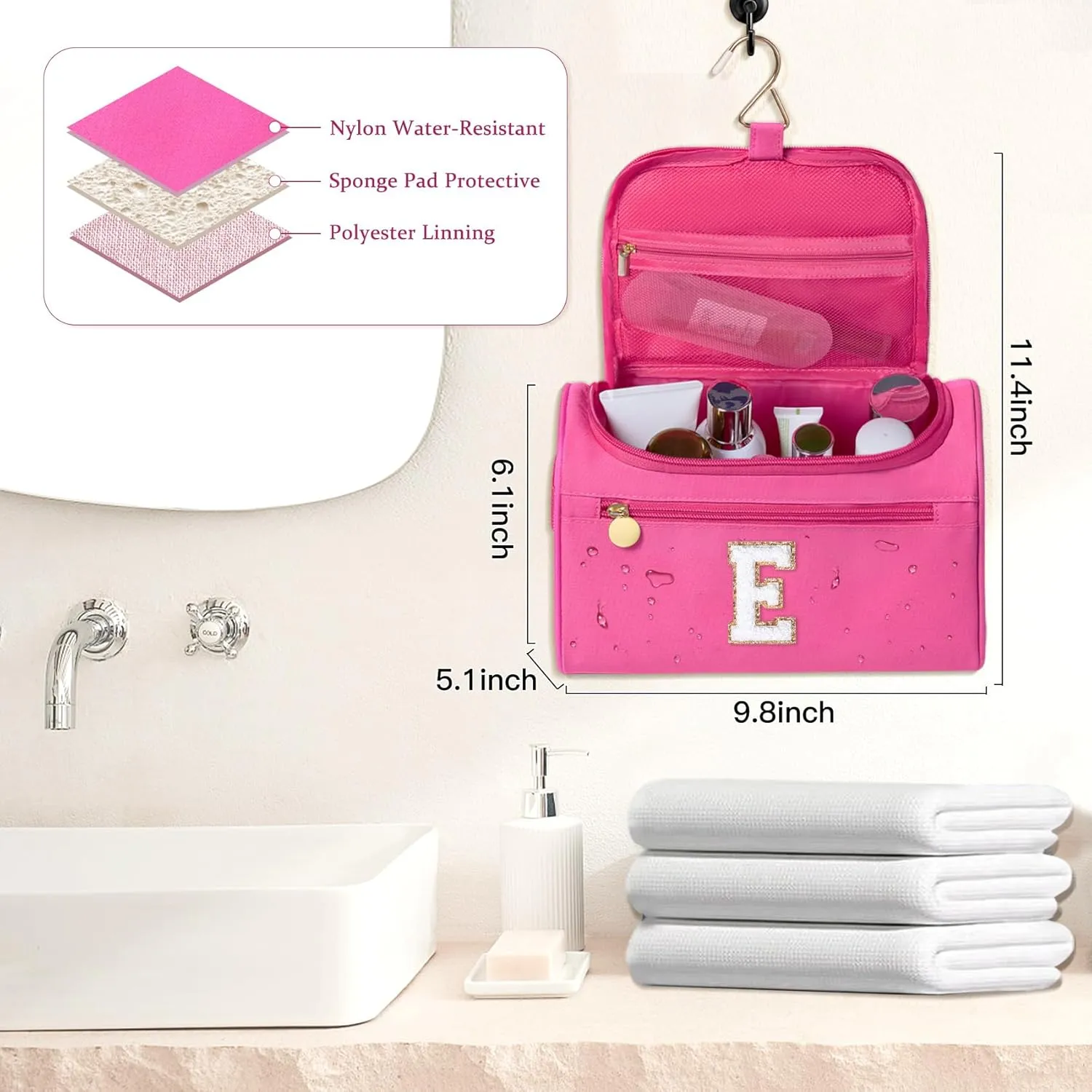 COSHAYSOO Practical Birthday Gifts for Woman Friend Sister Bestie 16 17 18 19 20 21 25 30 Year old, Initial Hanging Toiletry Bag Waterproof for Women Travel Skin Care Toiletries Hot Pink Letter E