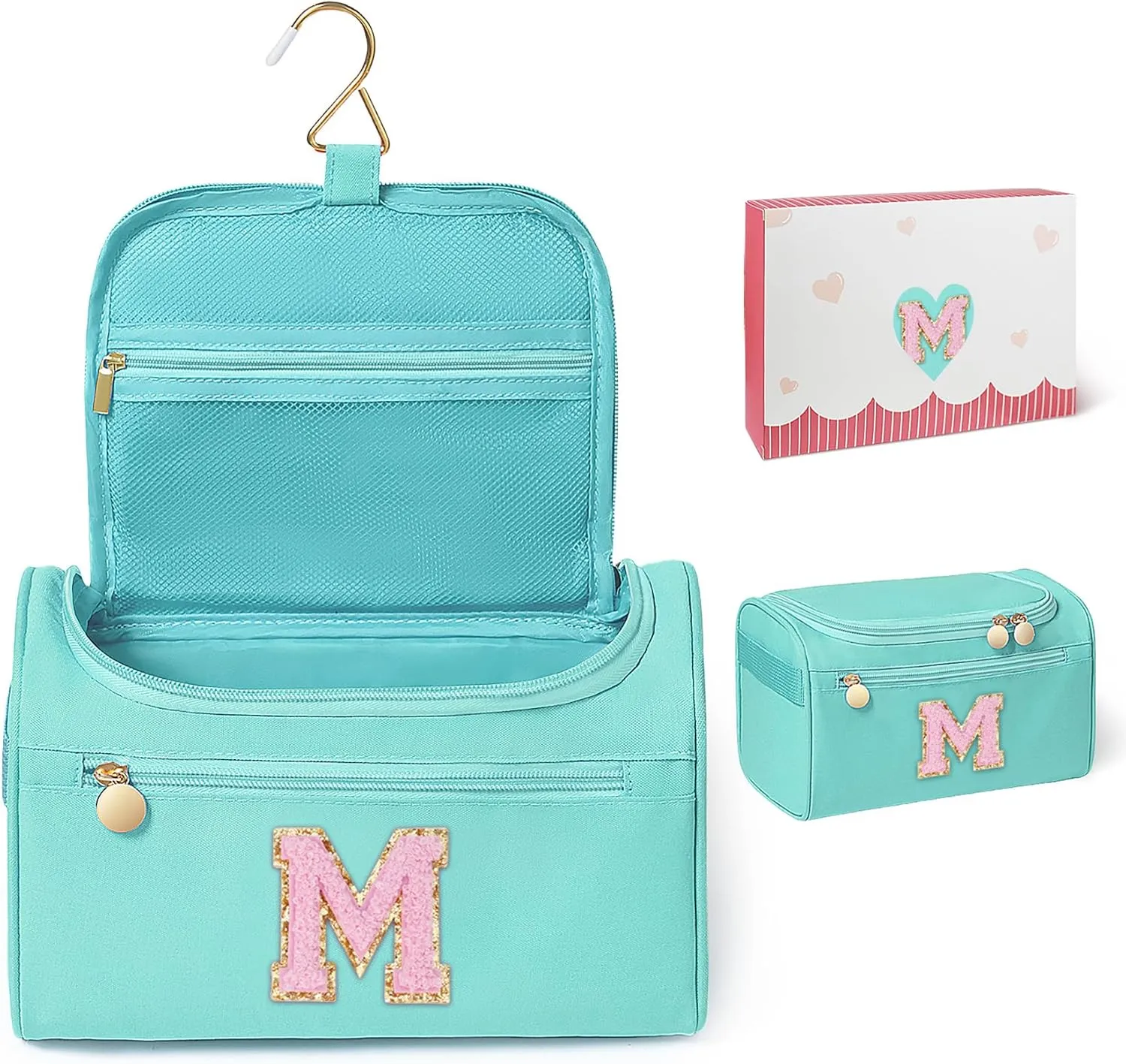 COSHAYSOO Travel Gifts for Women Travelers Trip Unique Initial Hanging Toiletry Bags, Personalized Gifts for Female Friend Friendship Wife Girlfriend Anniversary Bestie Birthday Party Favor Teal M