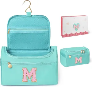 COSHAYSOO Travel Gifts for Women Travelers Trip Unique Initial Hanging Toiletry Bags, Personalized Gifts for Female Friend Friendship Wife Girlfriend Anniversary Bestie Birthday Party Favor Teal M