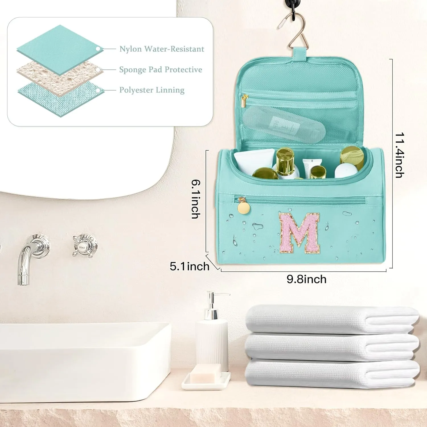 COSHAYSOO Travel Gifts for Women Travelers Trip Unique Initial Hanging Toiletry Bags, Personalized Gifts for Female Friend Friendship Wife Girlfriend Anniversary Bestie Birthday Party Favor Teal M