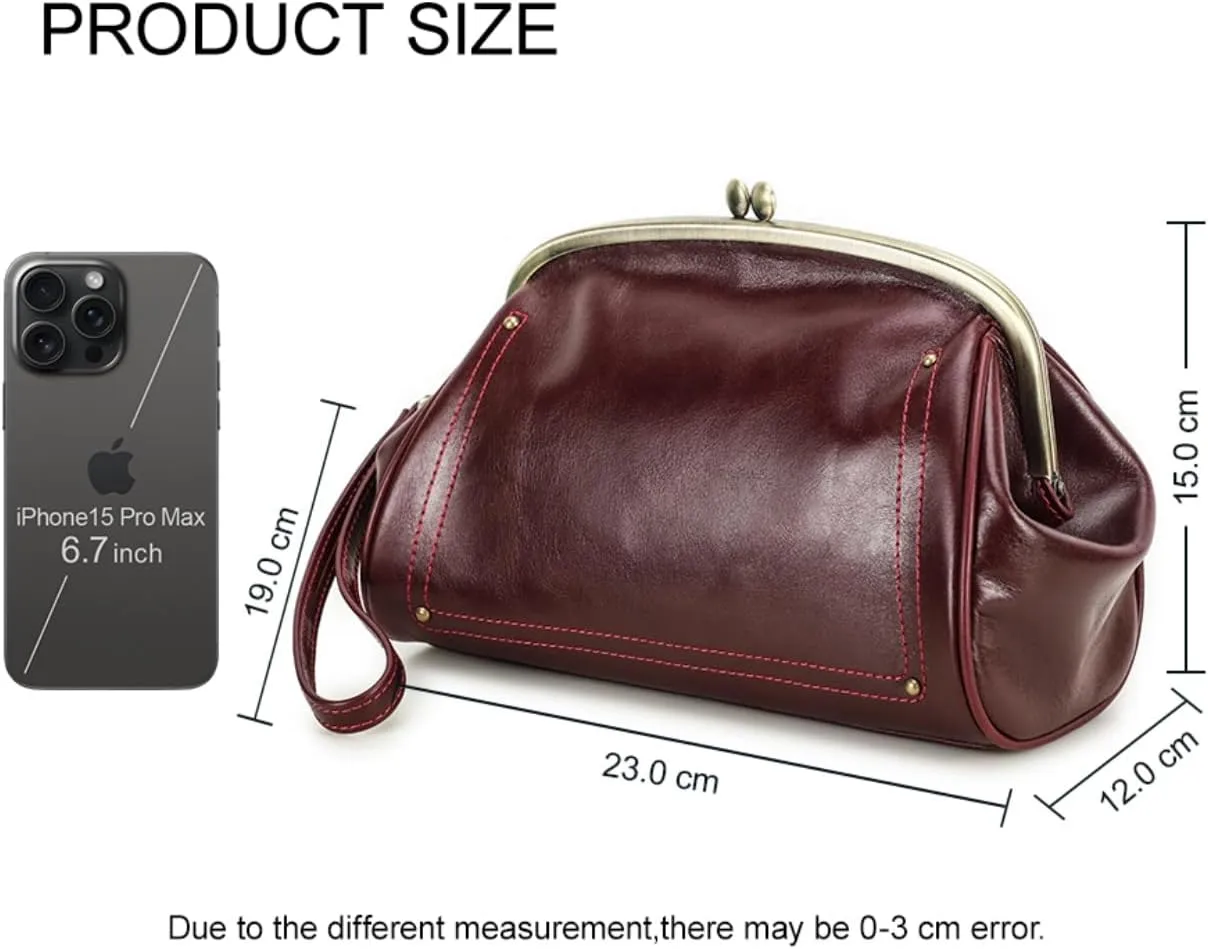 Cosmetic Bag for Woman, Kiss Lock Clutch Bag Genuine Leather Evening Bag Kiss Clasp Wrist Wallet Vitange Handbag (RED)