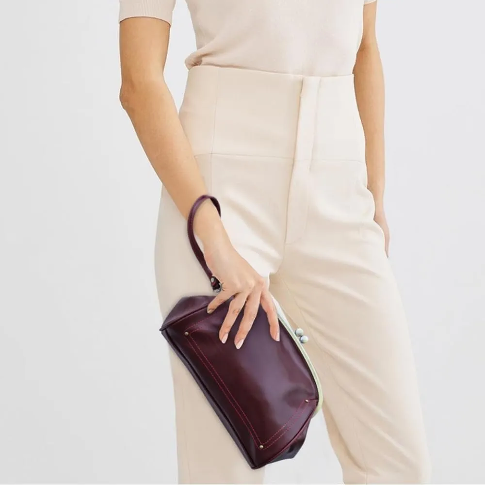 Cosmetic Bag for Woman, Kiss Lock Clutch Bag Genuine Leather Evening Bag Kiss Clasp Wrist Wallet Vitange Handbag (RED)
