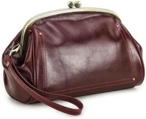 Cosmetic Bag for Woman, Kiss Lock Clutch Bag Genuine Leather Evening Bag Kiss Clasp Wrist Wallet Vitange Handbag (RED)