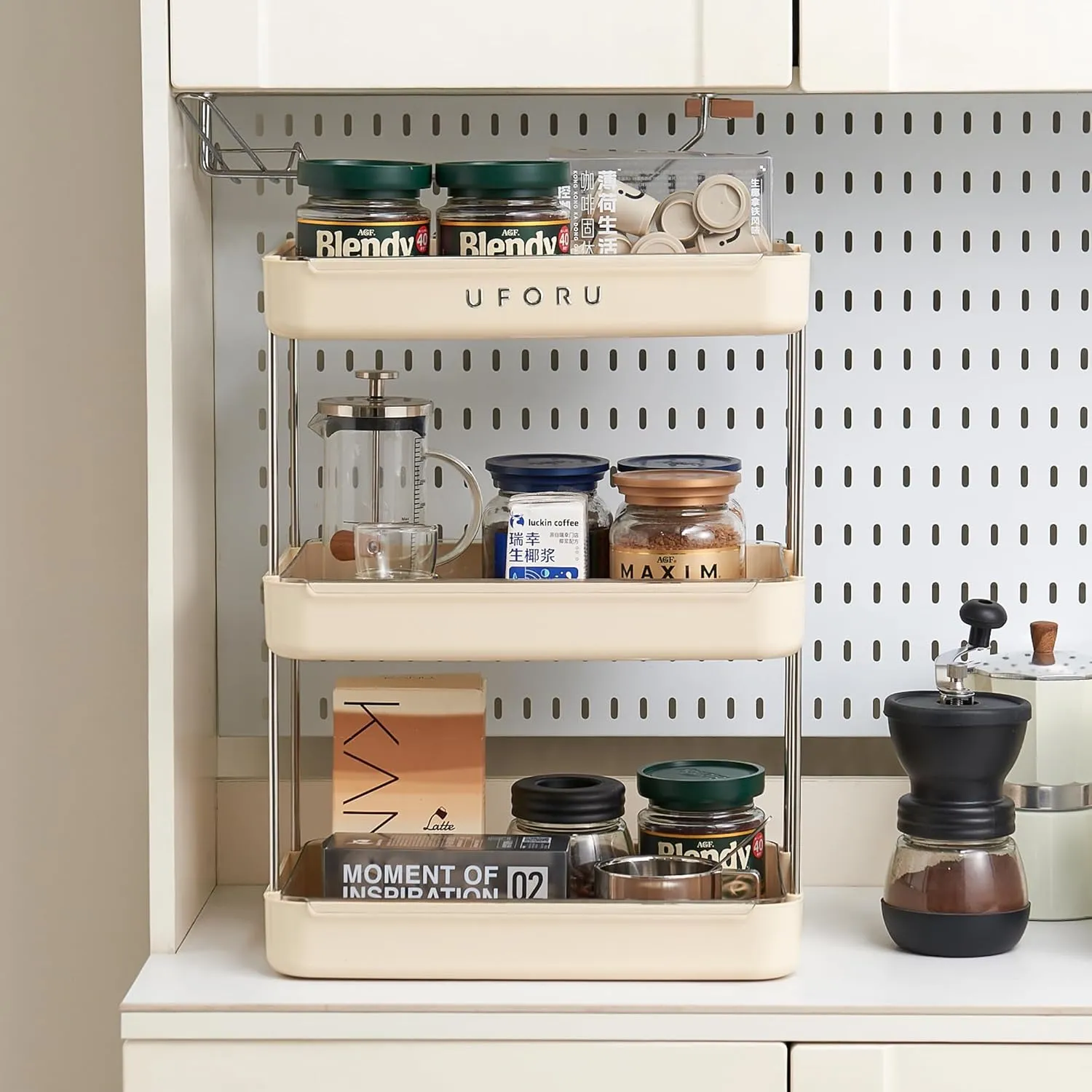 Countertop Coffee Station Organizer, 3 Tier Wine Glass Holder, Mug Shelf with Removable Drain Tray, Spice Rack for Kitchen, Bathroom Countertop Organizer, Cream White