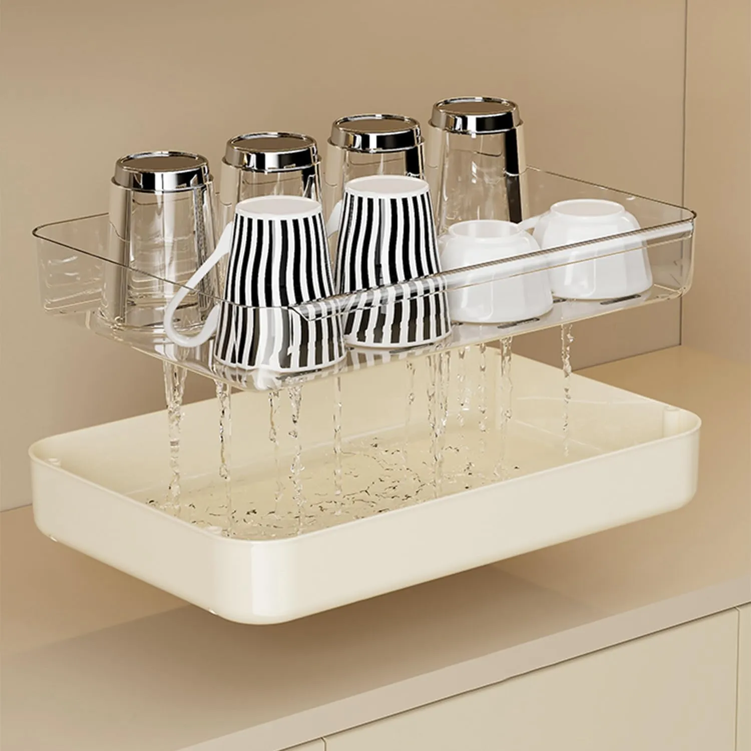 Countertop Coffee Station Organizer, 3 Tier Wine Glass Holder, Mug Shelf with Removable Drain Tray, Spice Rack for Kitchen, Bathroom Countertop Organizer, Cream White