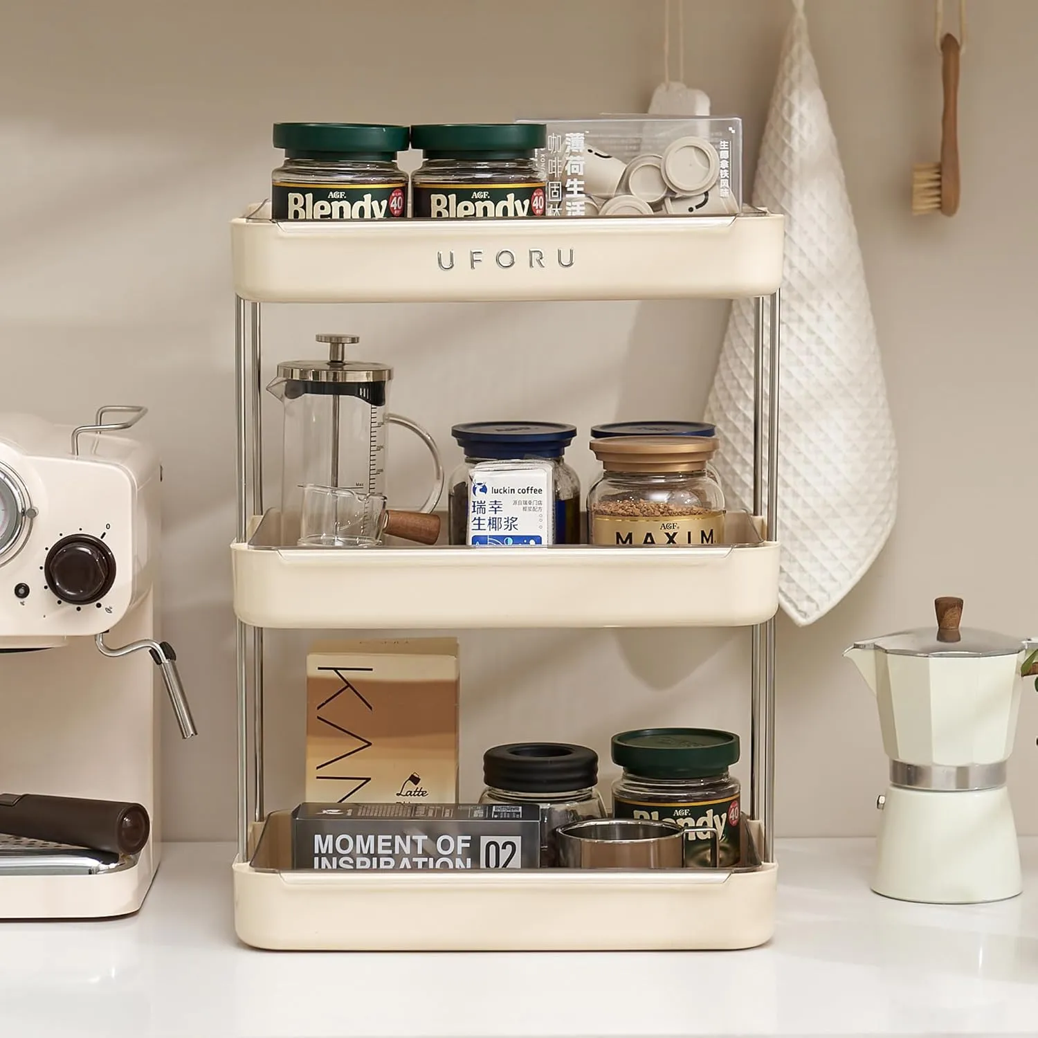 Countertop Coffee Station Organizer, 3 Tier Wine Glass Holder, Mug Shelf with Removable Drain Tray, Spice Rack for Kitchen, Bathroom Countertop Organizer, Cream White