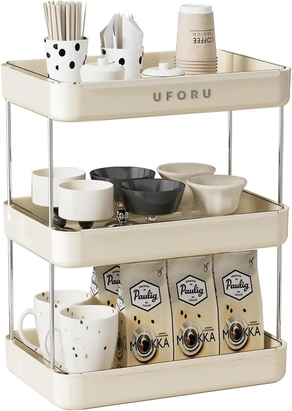 Countertop Coffee Station Organizer, 3 Tier Wine Glass Holder, Mug Shelf with Removable Drain Tray, Spice Rack for Kitchen, Bathroom Countertop Organizer, Cream White