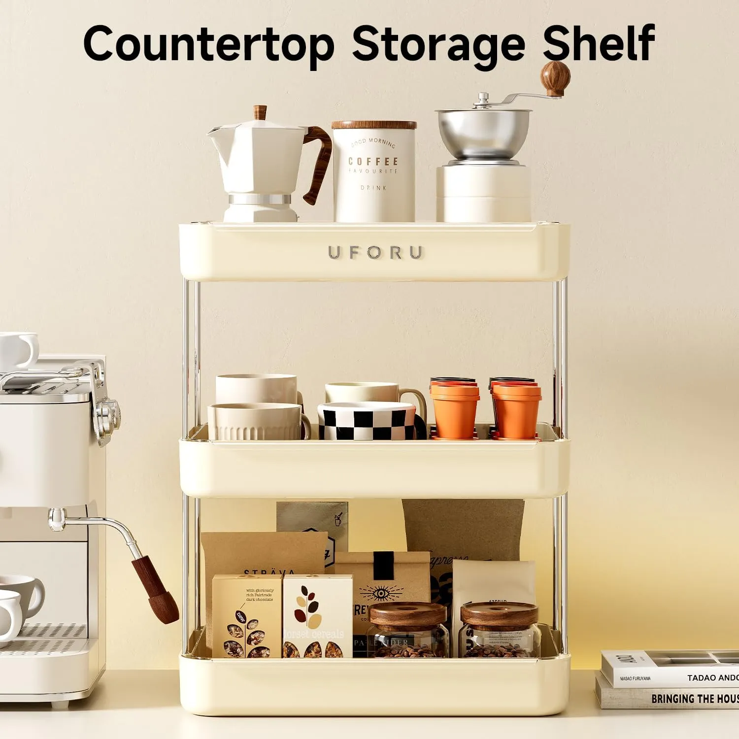 Countertop Coffee Station Organizer, 3 Tier Wine Glass Holder, Mug Shelf with Removable Drain Tray, Spice Rack for Kitchen, Bathroom Countertop Organizer, Cream White